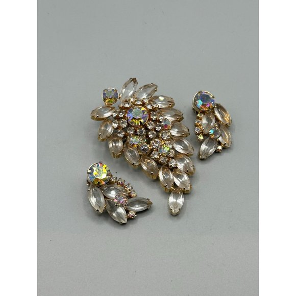 Vintage Rhinestones Brooch & Clip On Earrings Set Clear Stones AB Stones Finish - Picture 4 of 10